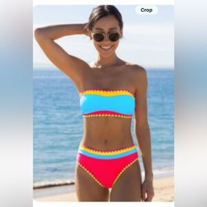 Popvil Bandeau Two-Piece Swim Set in Turquoise & Hot Pink